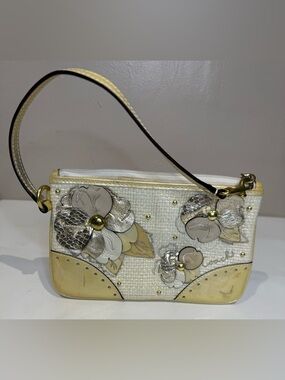 Coach Raffia Mini Bag Wristlet with Floral Appliqué Cream Yellow and Gold